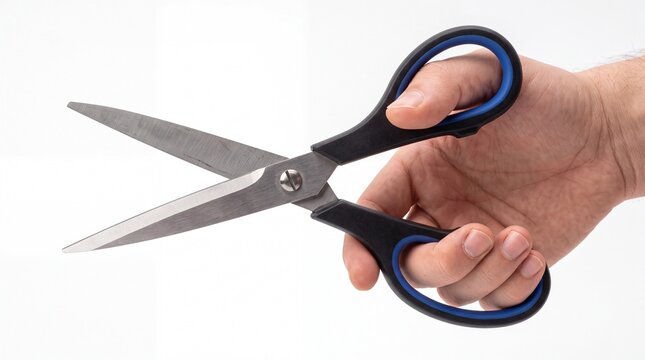 A hand holding open metal scissors with black and blue handle