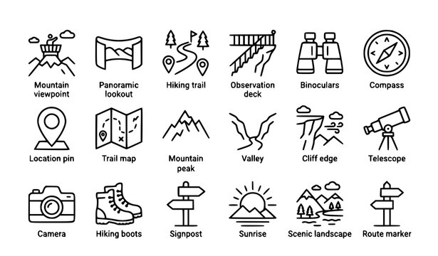 Scenic overlook finder line icon set with mountain viewpoints trails binoculars compass maps and outdoor observation symbols