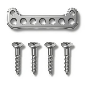 Metal surgical plate with screws for bone fixation isolated on white background