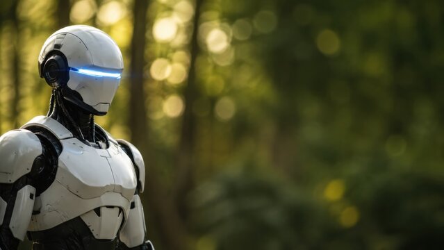 Advanced humanoid robot standing in a lush green forest environment with blurred background.