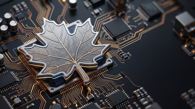 Silver maple leaf shaped electronic component placed on a computer circuit board, combining autumn symbolism with digital technology, electronics, innovation and seasonal design