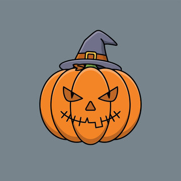 vector illustration of Cute cartoon pumpkin with witch hat on gray background Vector, illustration , Happy Halloween, Halloween, Halloween Icons