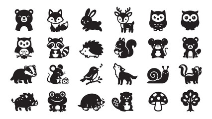 Obraz premium Set of Woodland Animal Icons and Forest Nature Elements in Black and White Vector Style