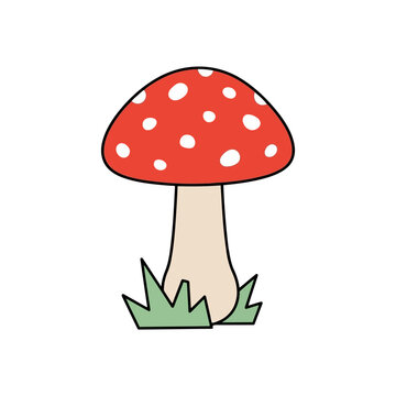 vector illustration of Cartoon red mushroom with white dots on grass Vector, illustration , Happy Halloween, Halloween, Halloween Icons