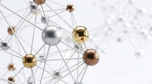 Metallic molecular structure with silver and gold spheres connected by white lines on a bright background for global connectivity and digital transformation concept.