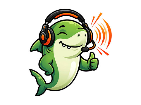 Cartoon green shark mascot wearing gaming headset with microphone showing thumbs up for streaming and digital content.