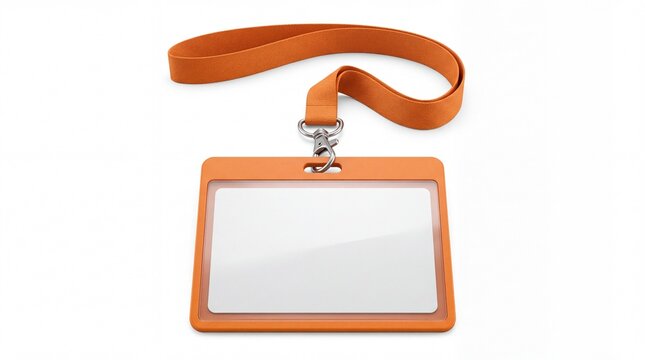 Orange plastic id badge holder with a neck lanyard strap