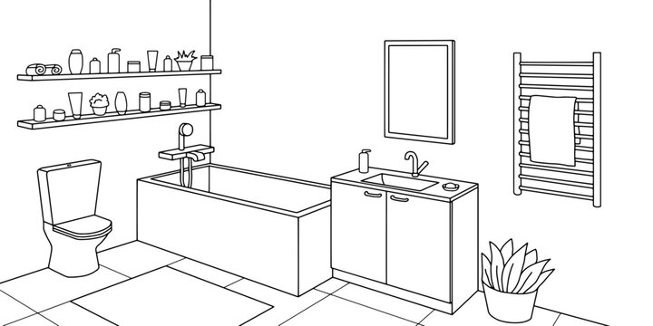 Bathroom graphic home interior black white sketch illustration vector 