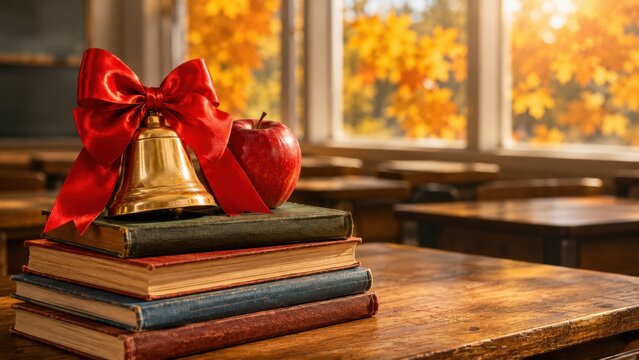 School books with a golden bell, red apple and red ribbon on a classroom desk, representing education, learning, and back to school