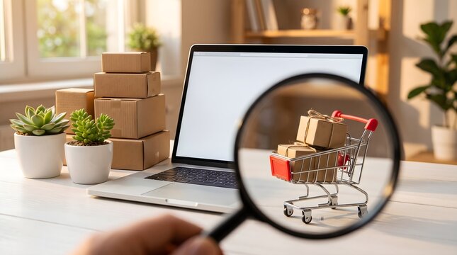 Miniature shopping cart with cardboard boxes viewed through a magnifying glass on a desk with a laptop for e-commerce search and market research concept