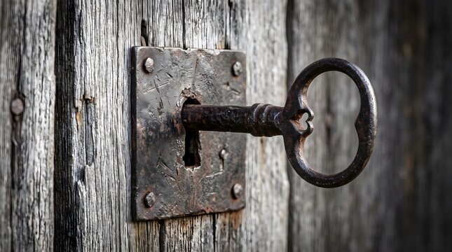 Antique skeleton key inserted into a weathered metal keyhole on an old wooden door representing secrets, historical security, and the heart of the solution concept.