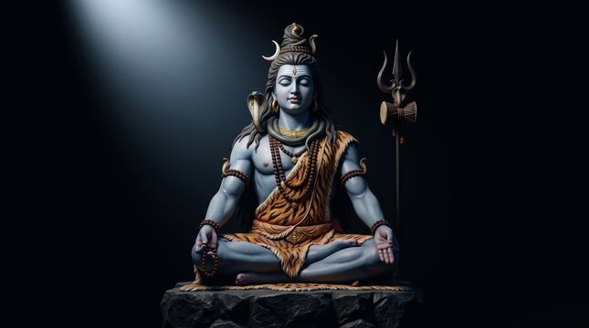 A serene statue of Lord Shiva meditating in lotus position with his trident and snake under a beam of light