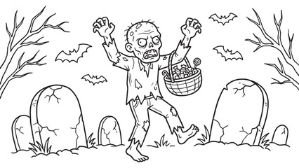 Fototapeta premium Zombie Trick or Treat Coloring Page with Candy Basket and Gravestones