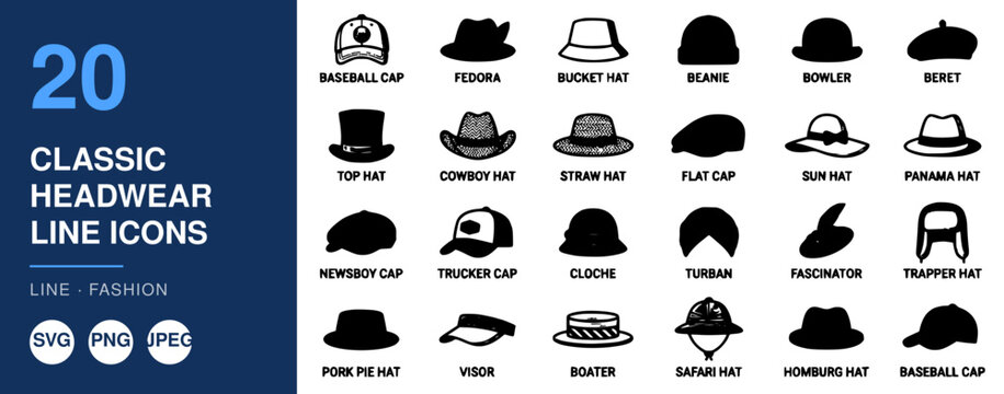 Classic Headwear Line Icons Set, Fashion Illustration, Design Elements, Vector Graphics, Style Guide, Minimalist Icons.