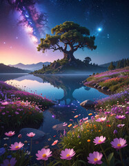 Tranquil lakefront tree landscape