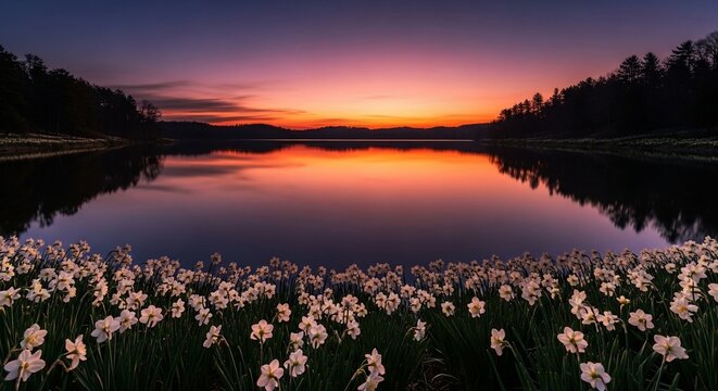 Tranquil lake sunset