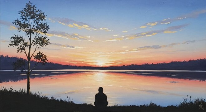 Tranquil lake sunset silhouette