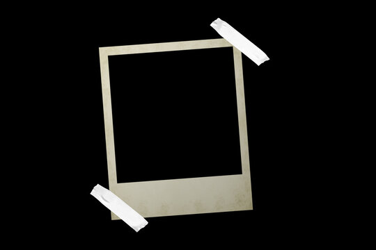 Vintage photo frame card with textured paper and adhesive tape, isolated on black JPEG background