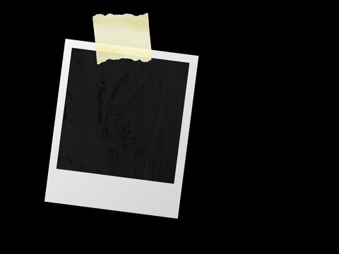 Vintage photo frame card with textured paper and adhesive yellow tape, isolated on black JPEG background