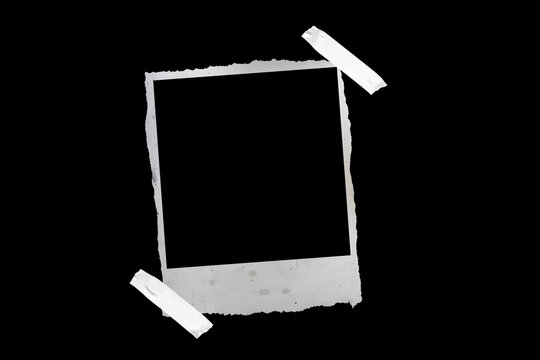 Vintage photo frame card with textured paper and adhesive tape, isolated on black JPEG background