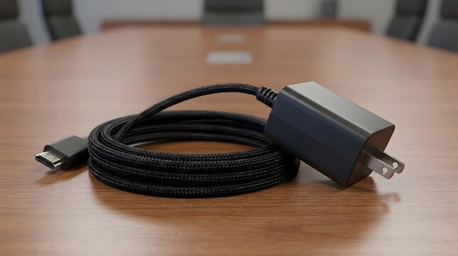 Laptop charging cable and power adapter on a wooden meeting table