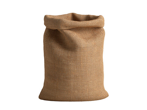 Empty burlap sack isolated on white background for agricultural or industrial storage.
