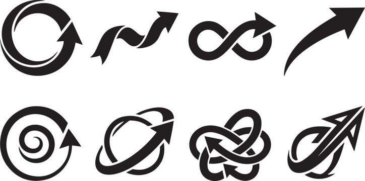 Black dynamic circular and curly arrows vector set, ribbon curl, spiral, infinity loop and abstract tangled icons illustration