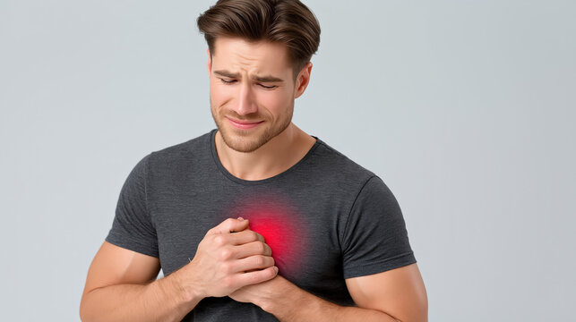 Man with chest pain holding heart area for cardiac health and emergency warning