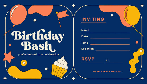 birthday invitation card with balloons and cupcake
