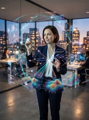 Obraz premium Professional Businesswoman Interacting with a Futuristic Holographic Data Visualization Interface