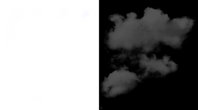 Realistic white clouds on black background, fluffy smoke texture overlay, isolated cloud elements for digital art compositing