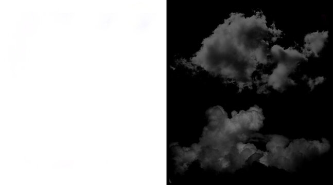 Realistic white clouds isolated on black background, fluffy smoke textures for compositing, atmospheric vapor elements for design