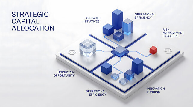 Premium 3D conceptual illustration representing capital allocation through a physical decision matrix balancing investment priorities, opportunities, and financial risk.