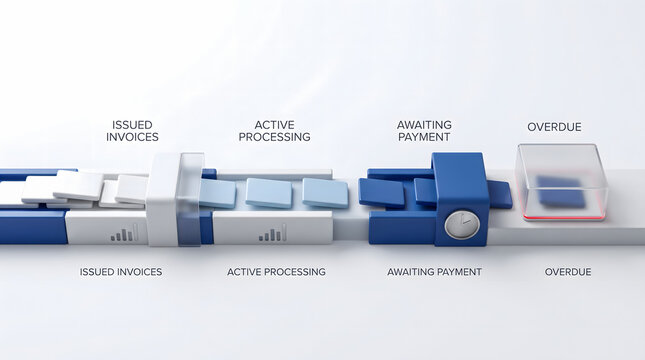 3D finance illustration visualizing invoice processing stages, payment delays, overdue accounts, and accounts receivable monitoring for business operations.
