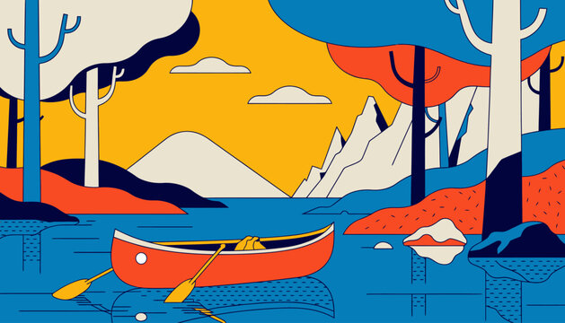 Canoe on serene lake with mountains at sunset
