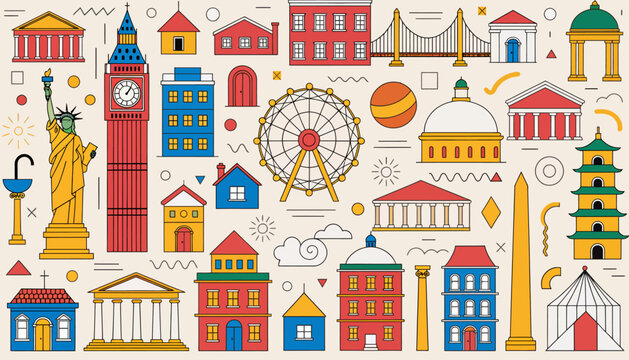 colorful city landmarks and icons