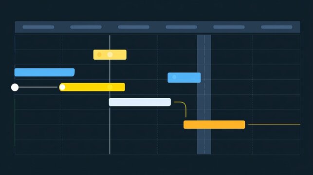 Abstract timeline diagram with color-coded blocks, depicting project phases and milestones against a dark background, concept for workflow and scheduling