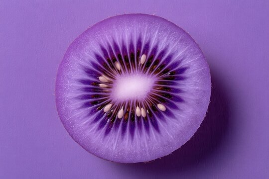 A single purple-toned kiwi fruit slice centered on a solid purple background. This stylized food photography is perfect for creative culinary marketing concepts.