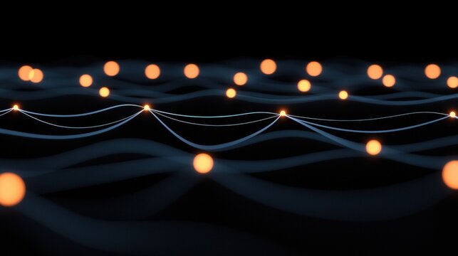 A digital illustration of a network of interconnected nodes, glowing with orange light, against a black background.