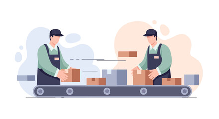Fototapeta premium Warehouse worker handling cardboard boxes on a moving conveyor belt