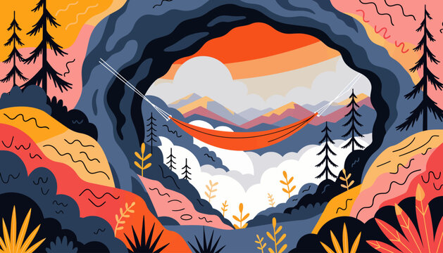 relaxing in nature, hammock in the mountains at sunset