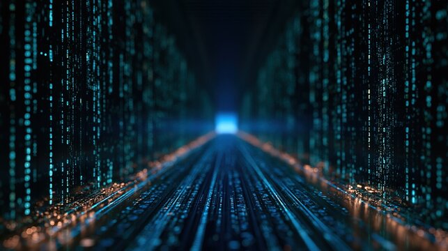Futuristic computer graphics illustration of a digital highway, central glowing blue pathway with digital numbers receding to bright blue horizon, flanking vertical binary code columns in luminous cya
