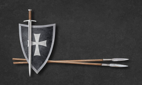 sword black shield and two spears on grunge background
