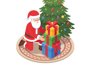 Naklejka premium Cartoon Santa Claus with Two Colorful Gift Boxes Beside a Decorated Christmas Tree on a Patterned Rug