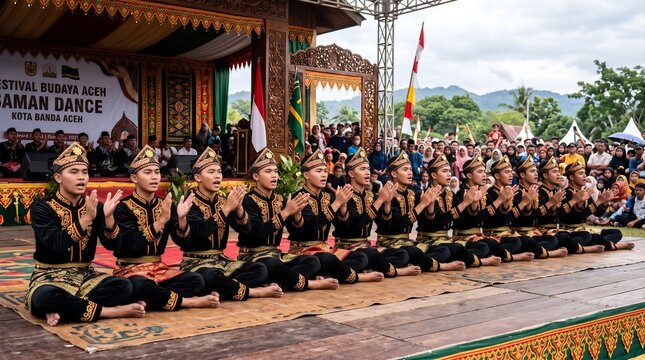 Traditional Indonesian Saman Dance performed by a group of male dancers in cultural costumes in Aceh