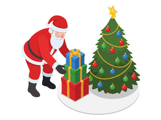 Fototapeta premium Santa Claus placing colorful gift boxes beside decorated Christmas tree with golden star on winter holiday celebration