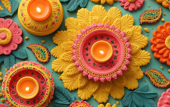 3D flower pattern with diya lamps Diwali festival background