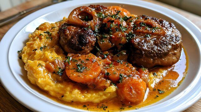 Awesome photo of osso buco with carrots and creamy polenta.