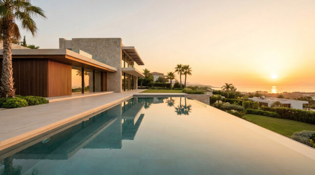 Modern luxury villa exterior with infinity pool overlooking ocean at sunset