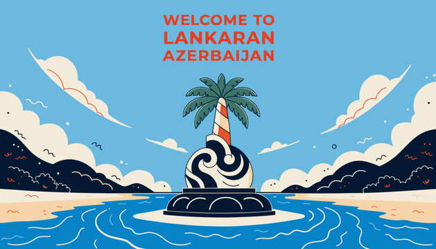 Welcome to Lankaran Azerbaijan - Tropical Oasis Island Landmark with Palm Tree and Ocean Waves